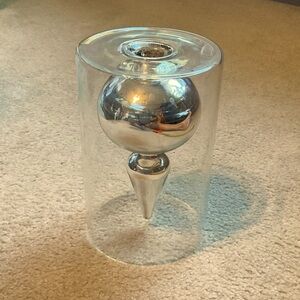 Dept 56 Silver Finial Candle Holder Enclosed Round Clear Glass Vase. 7.5 x 4.5”